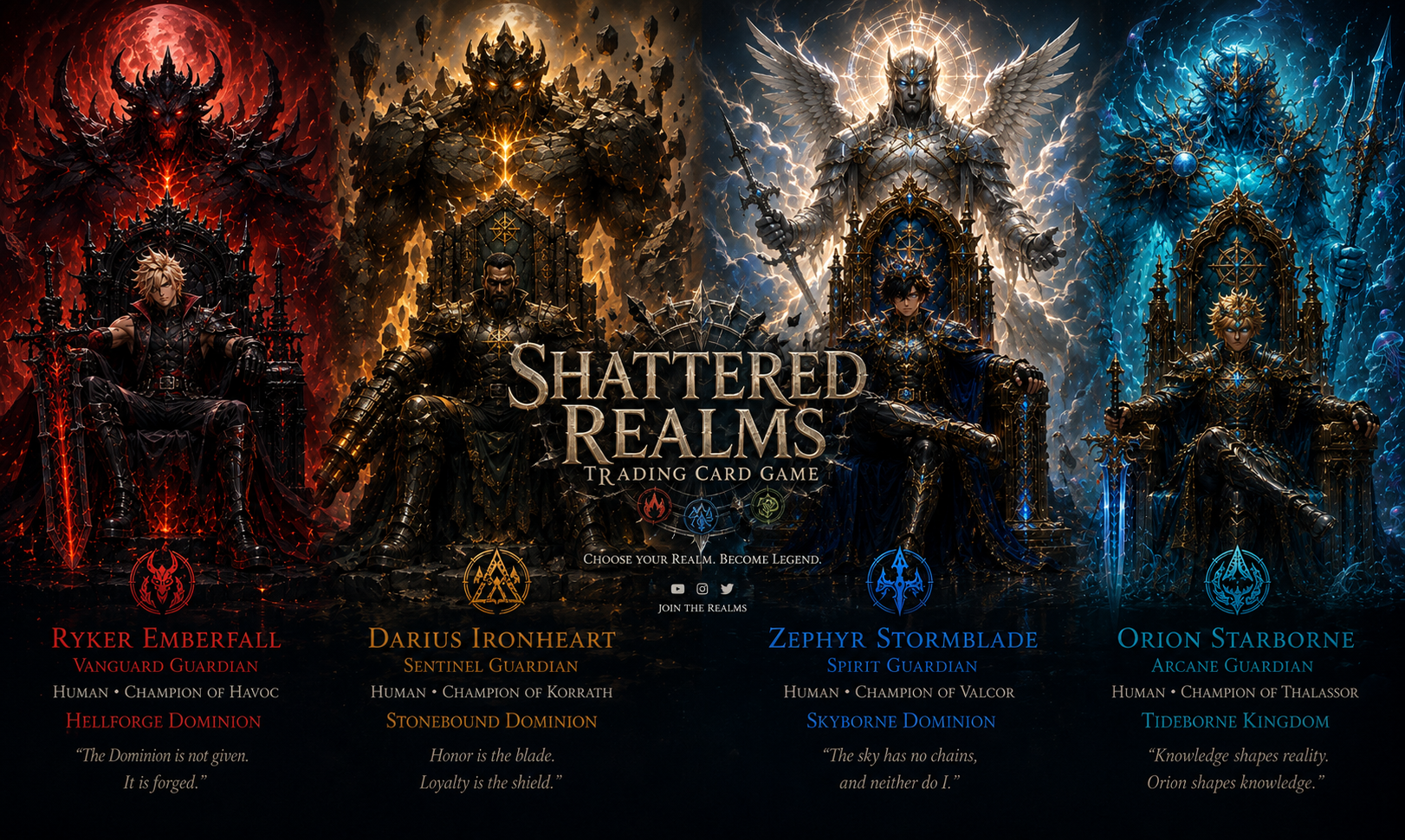Shattered Realms Trading Card Game roster: Ryker Emberfall, Darius Ironheart, Zephyr Stormblade, and Orion Starborne — the four playable Guardians of the Four Realms.